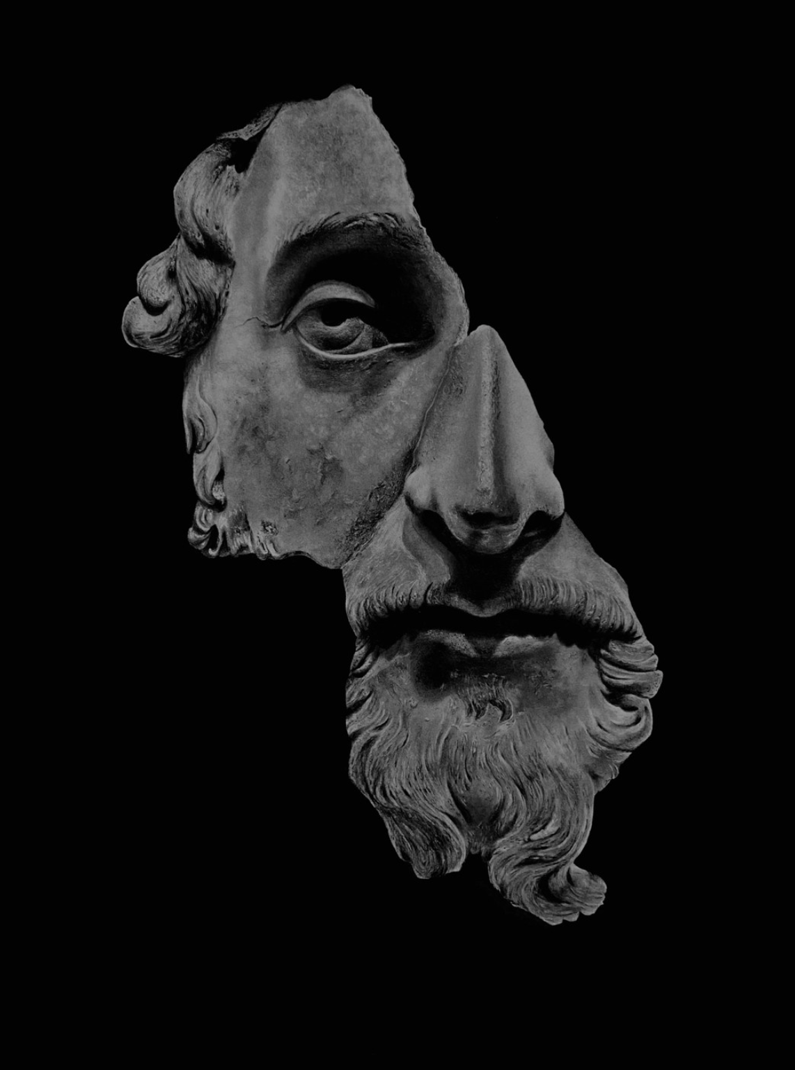 Fragmented stone portrait of a bearded philosopher
